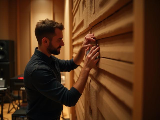 Techniker optimiert Akustikelemente in einem bestehenden Aufnahmestudio